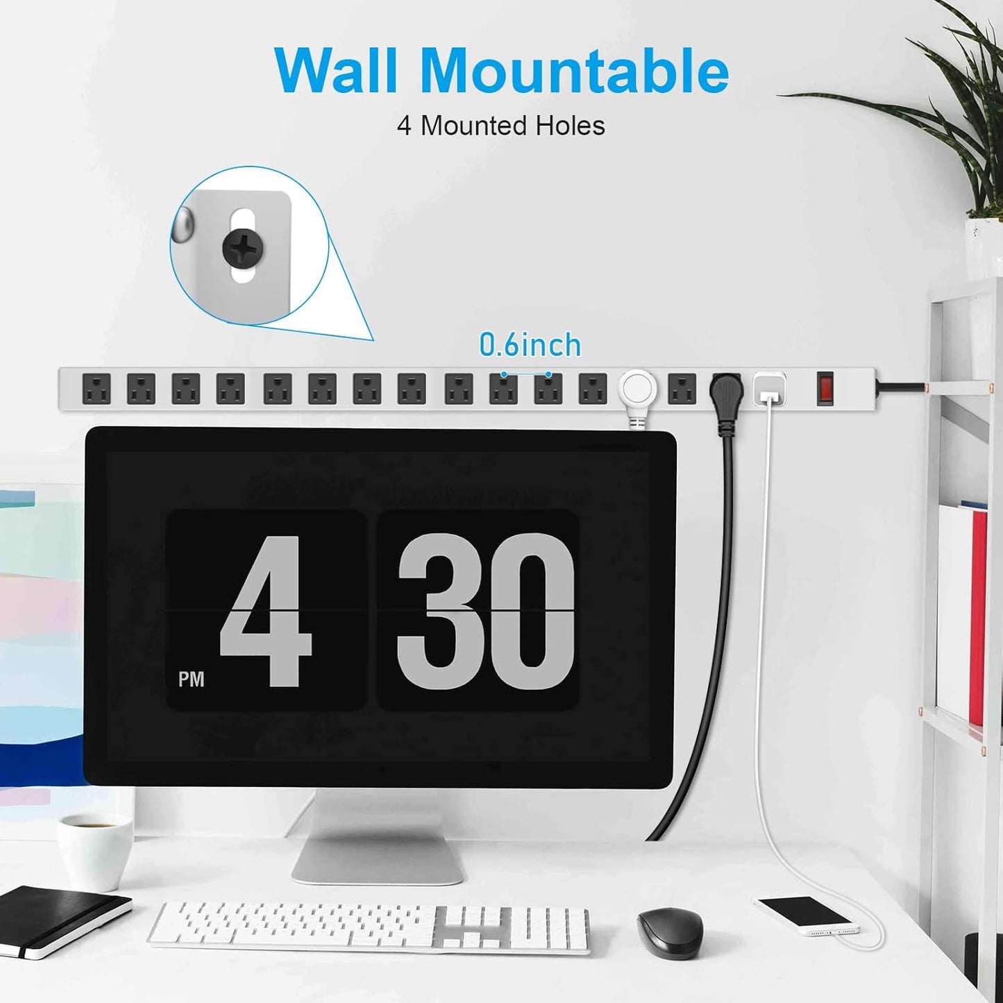 JUNNUJ Metal 16 Outlet Power Strip, Mountable Heavy Duty Power Strip, 1200J Surge Protector Wall Mount Screws Outlet with Switch, Gaming Desk Strips Wide Spaced 15A 125V 1875W, 6 FT 14AWG Power Cord