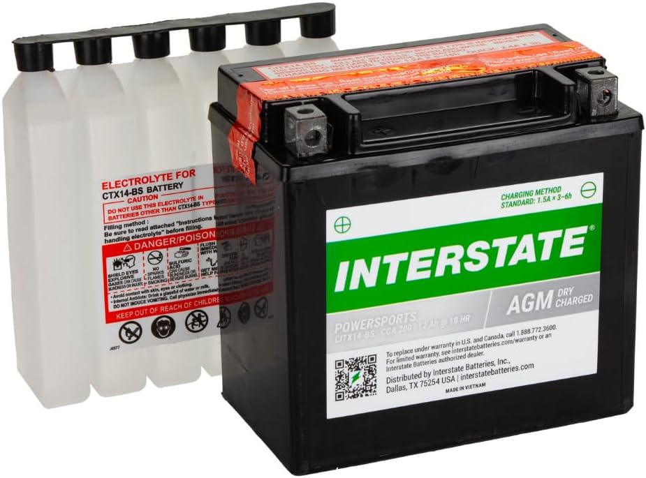Interstate Batteries YTX14-BS 12V 12Ah Powersports Battery 200CCA AGM Rechargeable Replacement for Motorcycles, ATVs, UTVs, Scooters, Snowmobiles (CITX14-BS)