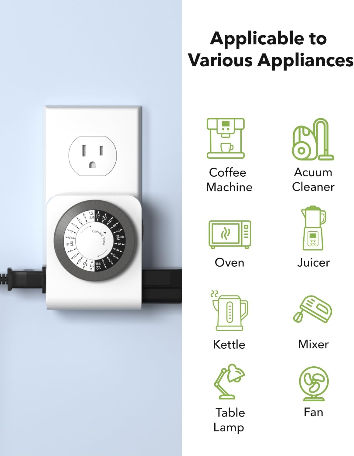 BN-LINK Outlet Timer with 2 Grounded Outlets, Mechanical Light Timer for Electrical Outlet Indoor, 24-Hour 3-Prong for Lamp,Indoor Lighting,Fan and Christmas Light (1 Pack-3Prong(Dual Outlet))