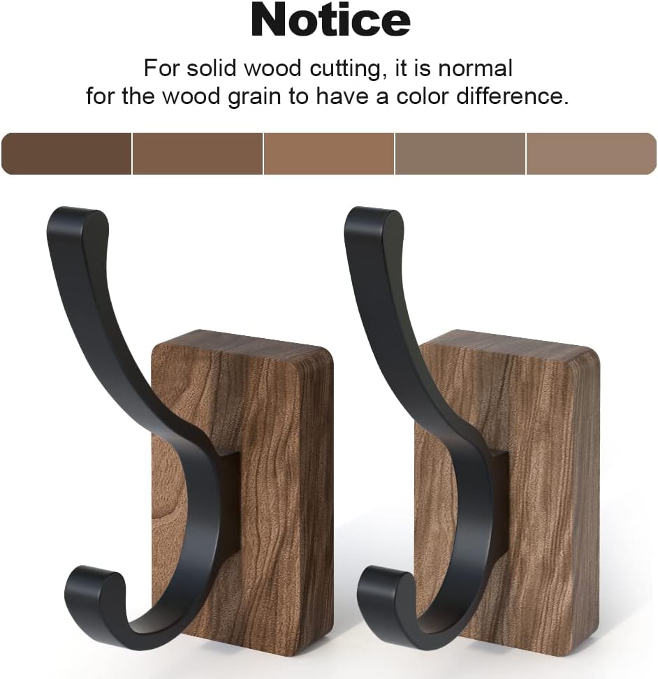 4 PCS Black Walnut Wood Wall Hooks Adhesive Mounted & Wall Mounted Rustic Decorative Entryway Hooks Mid Century Modern Natural Wooden Pegs for Hanging Coat Clothes Hat Bag Purse and Towel