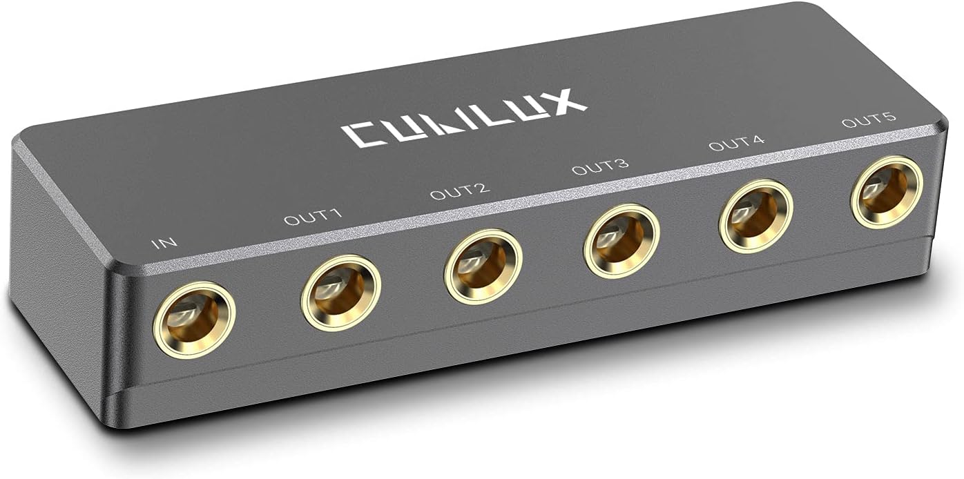 Cubilux 5-Way Quarter Inch Signal Splitter, Passive 1/4” Audio Splitter, 6.35mm Multiport Aux Splitter Box for Instruments, Bass Guitar, Keyboard, Headphones, Studio Monitor, Speaker, Amplifier