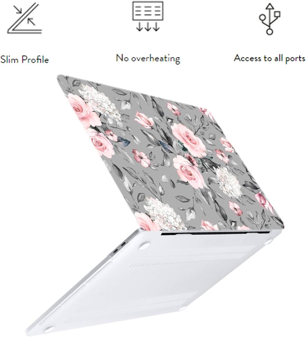 LanBaiLan Compatible for MacBook Pro 13 inch with Touch Bar 2022 2021 2020 2019 2018 2017 2016 Release M1 M2 A2338 A2289 A2251 A2159 A1989 A1706 A1708 Protective Case & Keyboard Cover, Grey Flowers