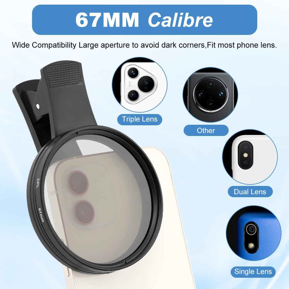67MM Clip-on CPL Lens Filter for All Smartphones, Universal Phone Camera Clip Polarizing Lens, Portable Clip On Phone Filter Kit with Lens Cover and Storage Bag(Color:Black)