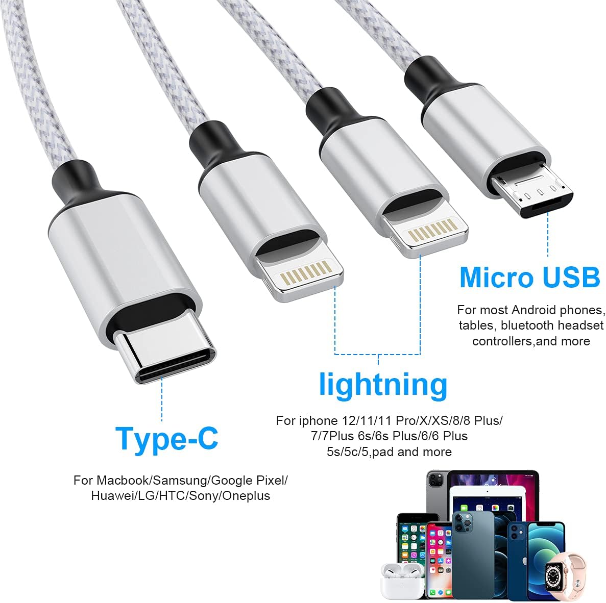 iPhone Charging Cable 1.8M/6Ft Multi 4 in 1 USB Universal Fast Charging Cord Multi Charging Cable Lightningx2+Type C+Micro USB Port Connectors Adapter for Android/Apple/iOS/Samsung/LG/Huawei/XiaoMi