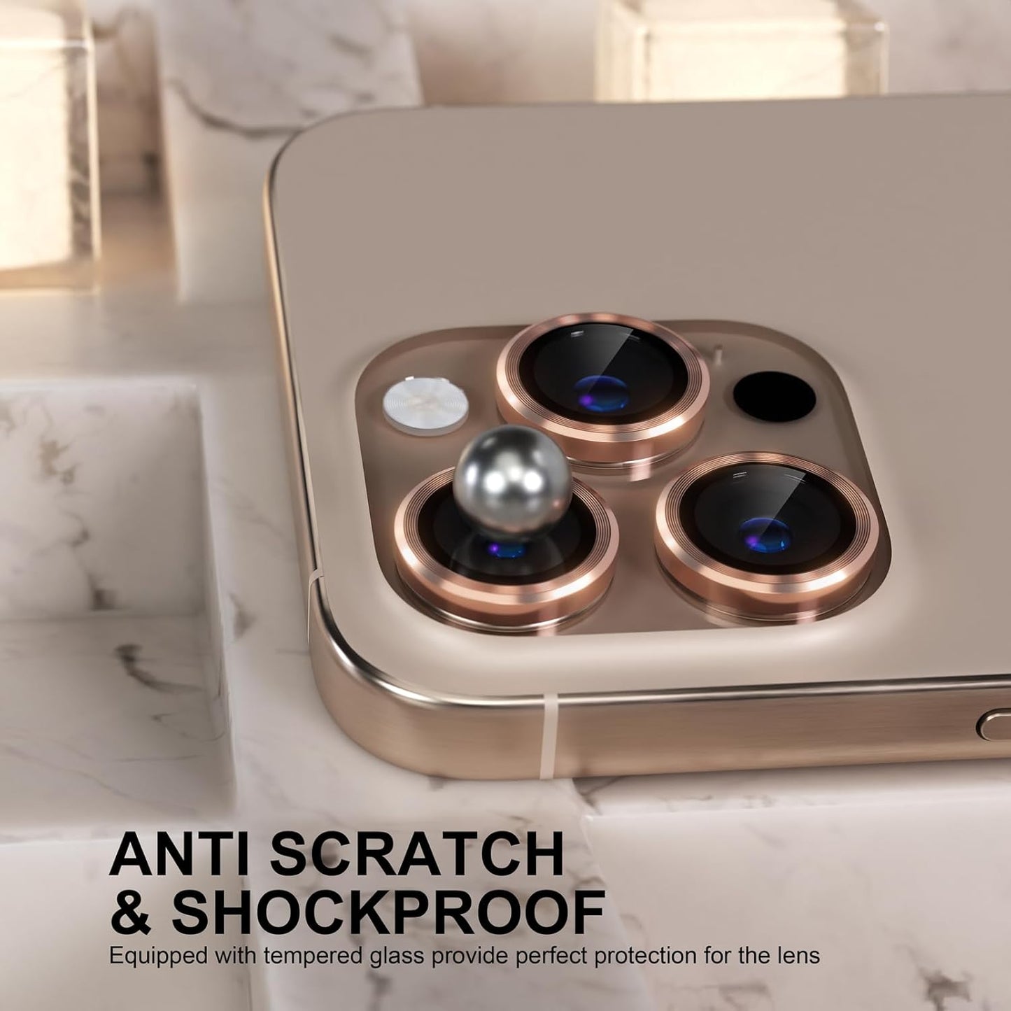 Choiche Compatible for iPhone 16 Pro/iPhone 16 Pro Max Camera Lens Protector, 9H Tempered Glass Camera Cover Screen Protector Metal Ring Decoration Accessories(Titanium Desert)