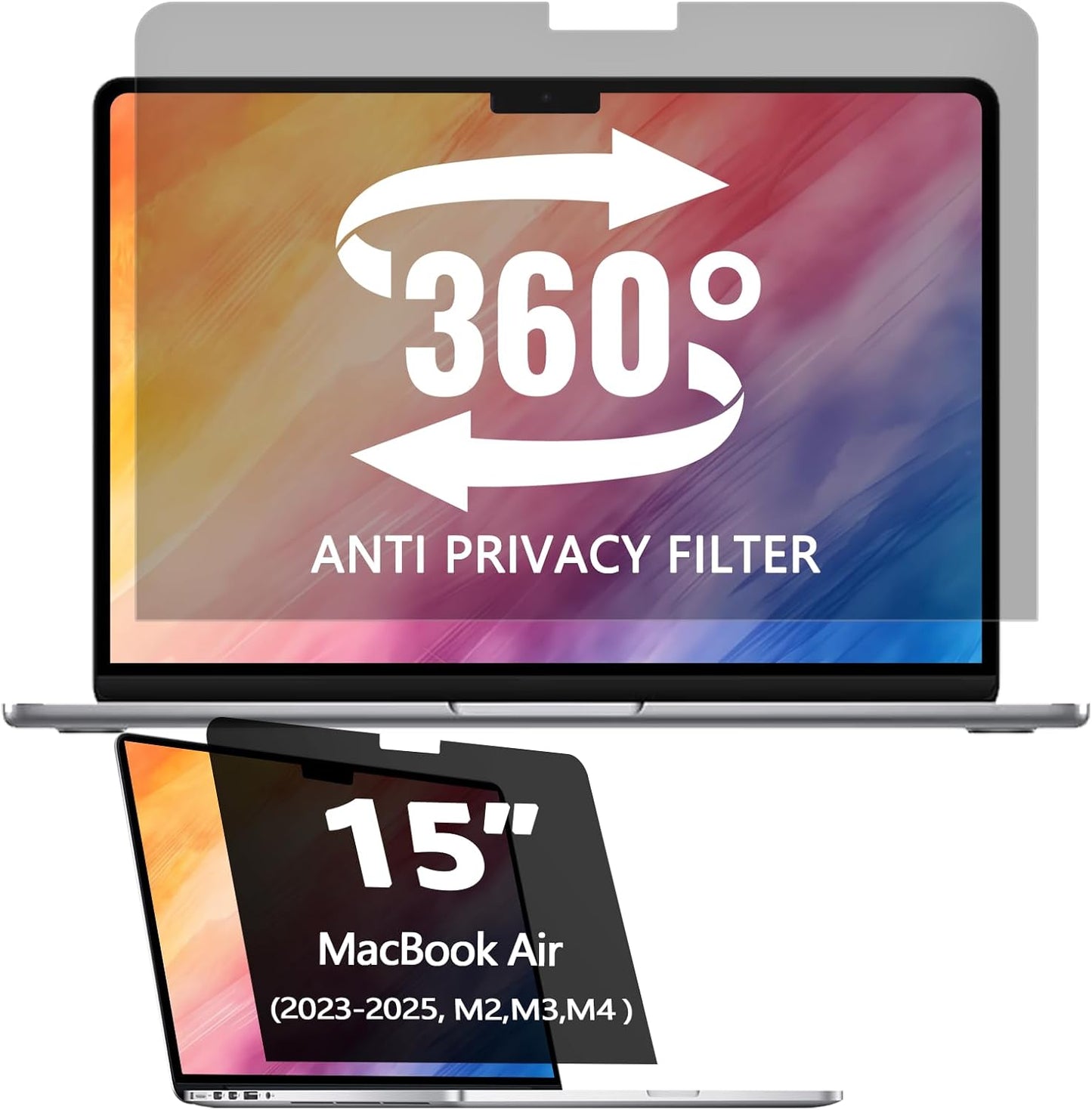 360° Privacy Screen Protector for MacBook Air 15 inch (2023-2025, M2, M3, M4), Privacy Screen Filter Compatible with MacBook Air 15.3 inch, Anti-Spy/Anti Fingerprint/Anti Blue Light/Anti Glare