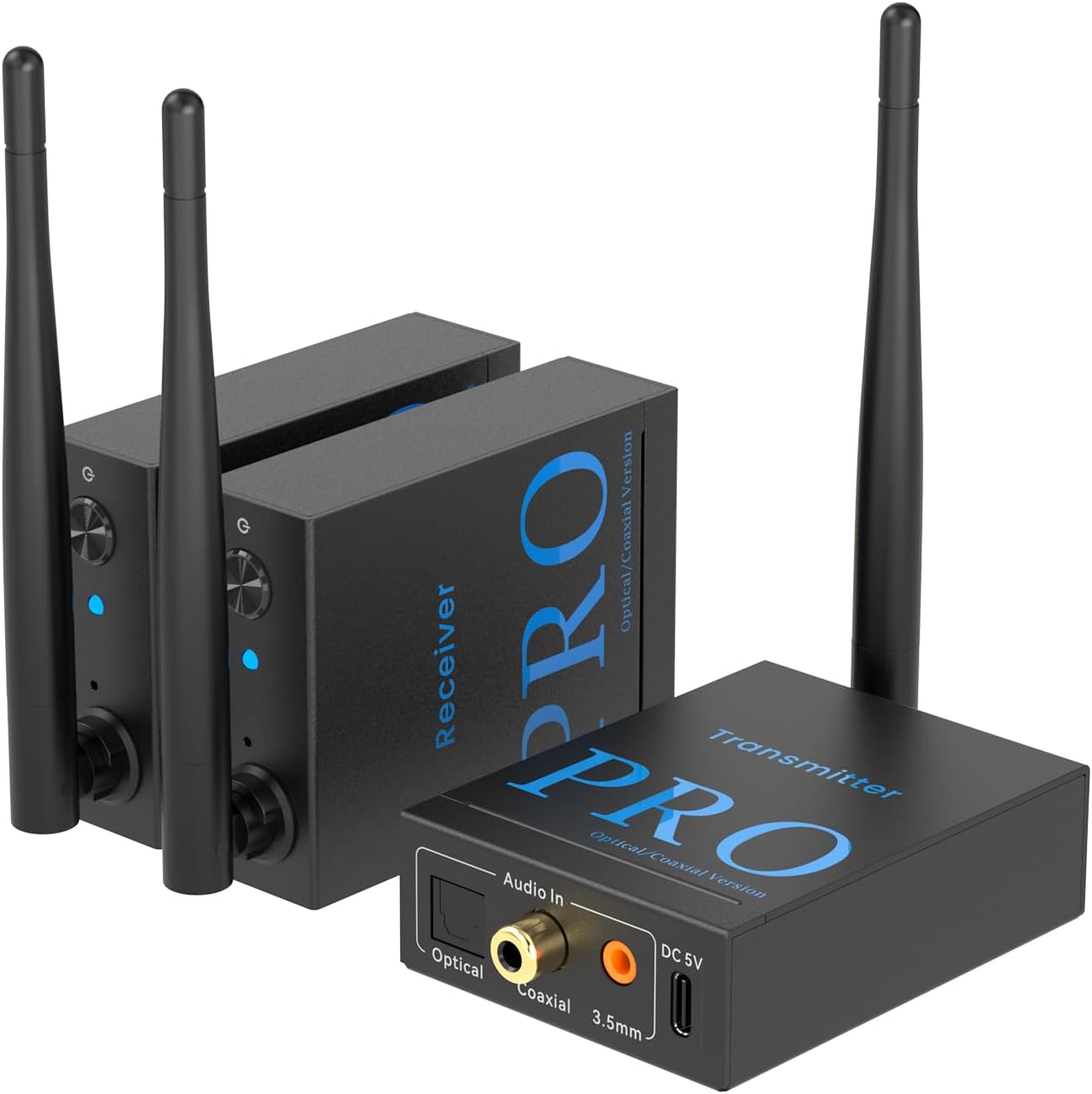 1Mii 3-in-1 2.4Ghz Wireless Audio Transmitter Receiver for 2 Subwoofer/Active Speaker/Power Amplifier, 20ms Low Latency, 320ft Range, Optical/Coaxial/3.5mm(RCA) Audio Input/Output