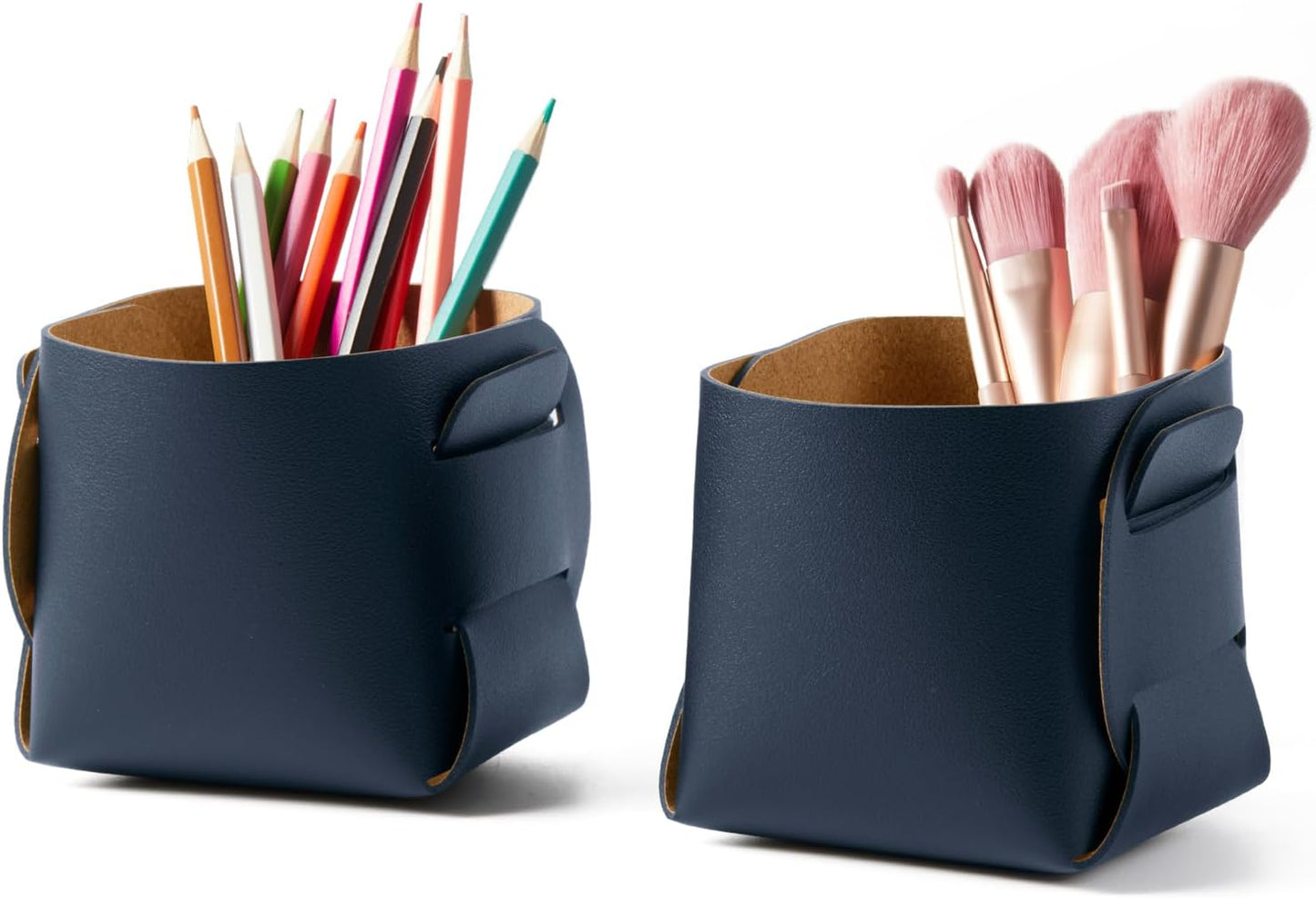 HOMIEAZICOZI 2-Pack Cork Leather Desk Accessories Storage - Pencil Pen Holder - Makeup Brush Holder Organizer - Stylish Addition to Home Decor (Dark Blue)