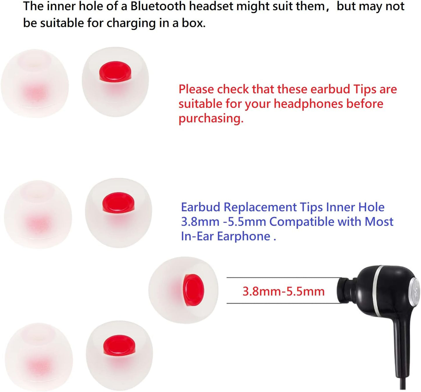36 Pieces Medium Earbud Tips Soft and Comfortable Ear Bud Replacement Pieces Silicone Fit Most in-Ear Headphones，Inner Hole 3.8mm -5.5mm，Medium White and Red Replacement Eartips