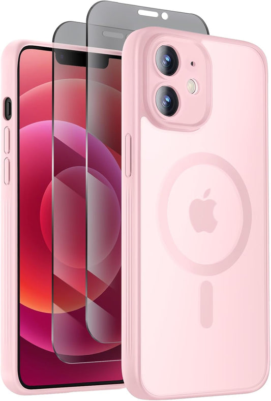 Designed for iPhone 12 Case, Compatible with MagSafe, with Privacy Screen Protectors X2, [Camera Protection] [15FT Military Drop Protection] Shockproof Phone Case, 6.1", Pink