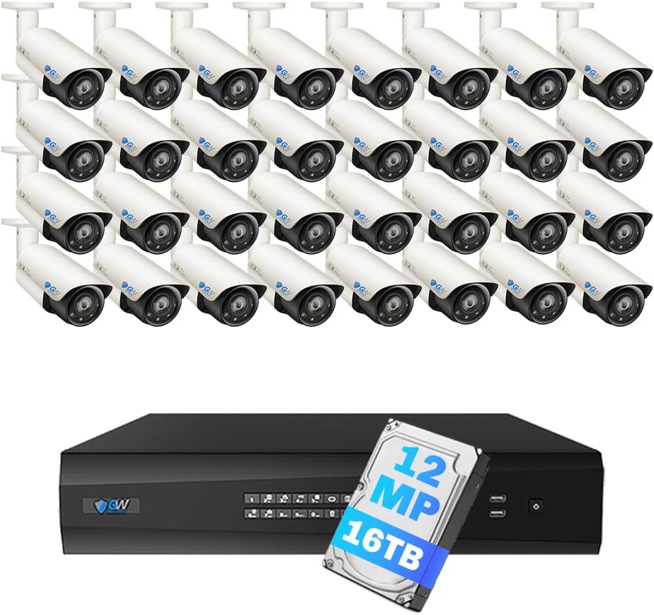 GW Security 64 Channel UltraHD 12MP 6K @ 30FPS Realtime 3X Motorized Zoom PoE Security Camera System with 32 x 12MP IP Two-Way Audio Full-Time Color Night Vision Outdoor/Indoor Smart AI Bullet Cameras