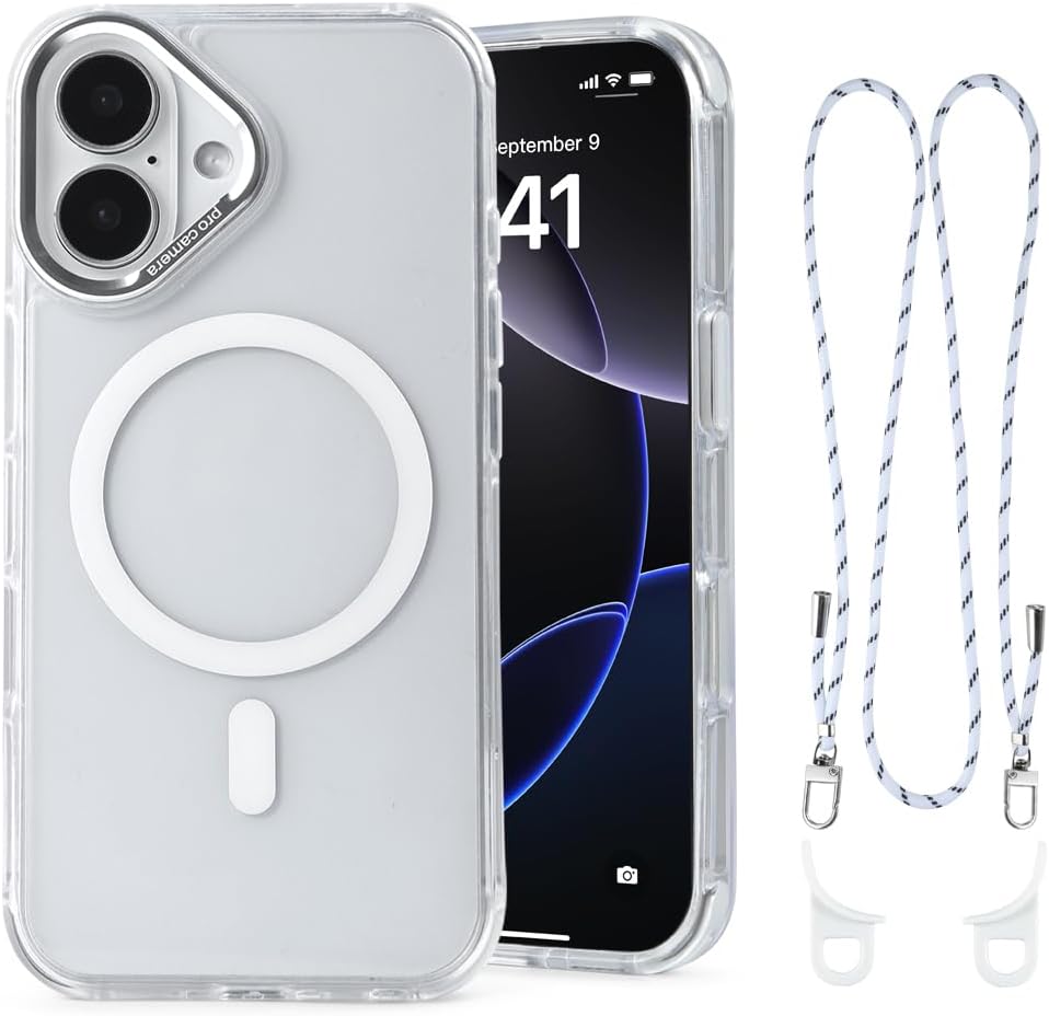 for iPhone 16 Case with 62.99 inch Lanyard, Classic Clear&White Magnetic Phone Case, Drop&Shockproof Protection Cases, Phone Lanyard for Around The Neck, Compatible with Magnet Accessory