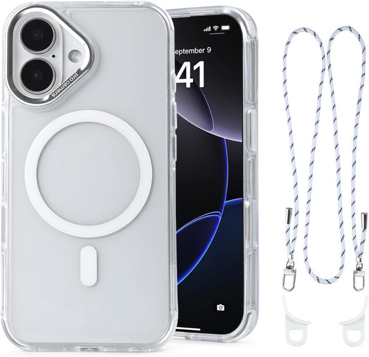 for iPhone 16 Case with 62.99 inch Lanyard, Classic Clear&White Magnetic Phone Case, Drop&Shockproof Protection Cases, Phone Lanyard for Around The Neck, Compatible with Magnet Accessory