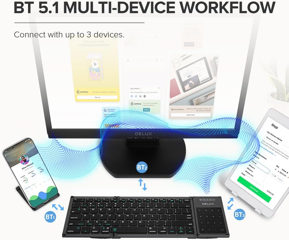 DeLUX Full Size Folding Keyboard 78 Keys, Wireless Bluetooth Keyboard with 2-in-1 Touchpad, Portable Travel Multi-Device and Multi-System (KF17)