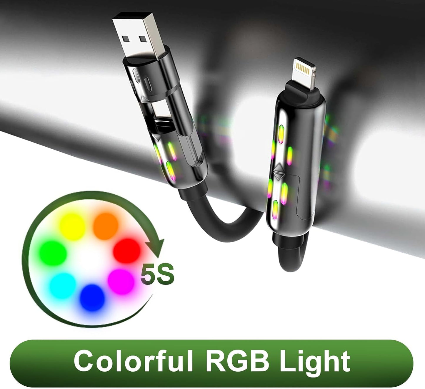 KerrKim 240W 4-in-1 Multi Fast USB Charging Cable with Breathing Light, USB A Type C Lightning Cable for iPhone 16 15 14 13 12 11 Pro Max iPad Samsung Galaxy MacBook iPad Tablets & More (6FT, Black)