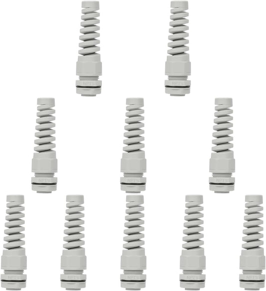 LeMotech 10Pcs NPT 3/8" IP68 Waterproof Cable Gland Flex Spiral Strain Relief Grey Nylon Joint with Gaskets for 5-10mm Wire Thread