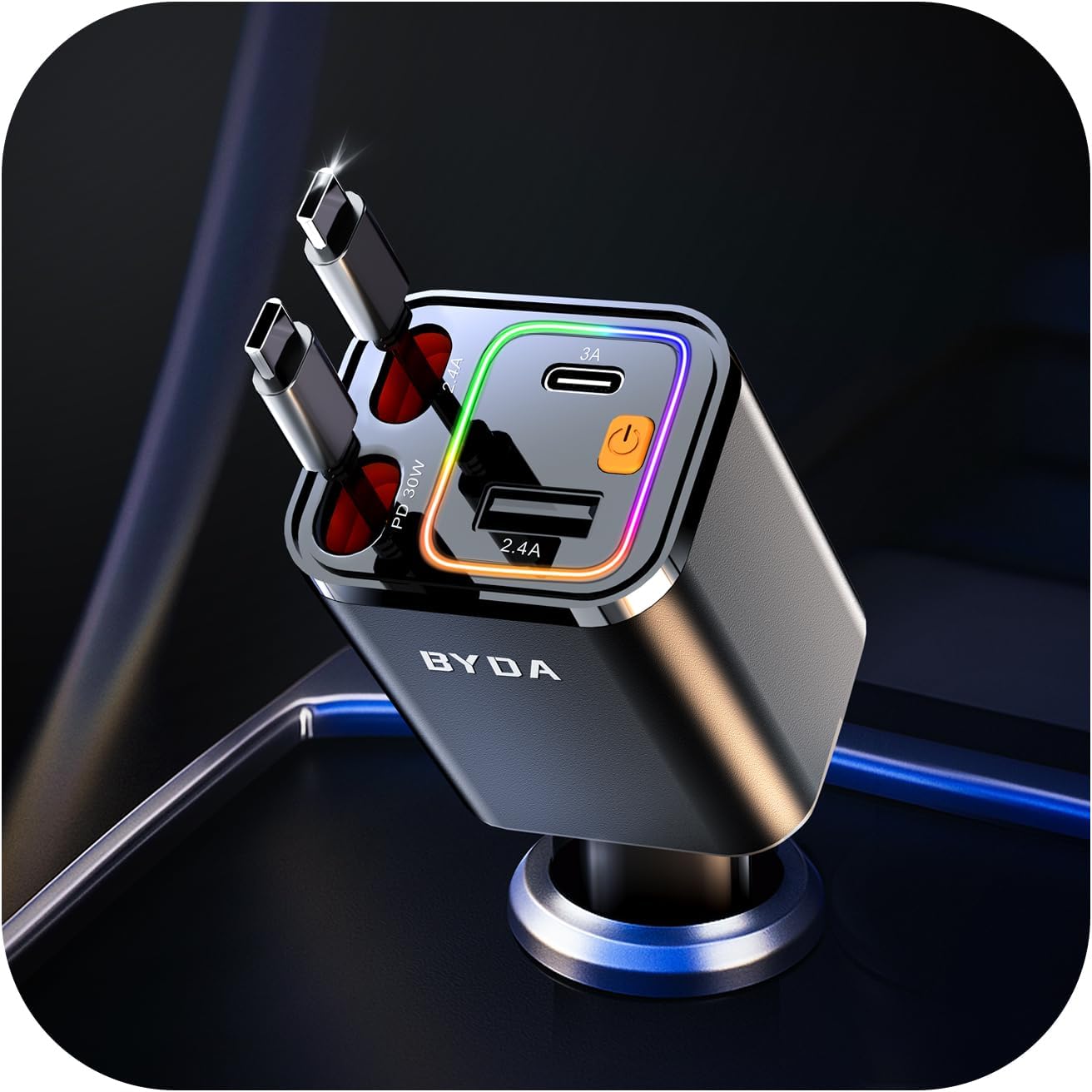 4 in 1 Retractable Car Charger,69W Car Charger USB C,Cigarette Lighter Adapter,Fast Charging for iPhone 16e/16/15/14,13,Samsung Galaxy,iPad,Pixel (Gray, for Dual Cord USB-C)