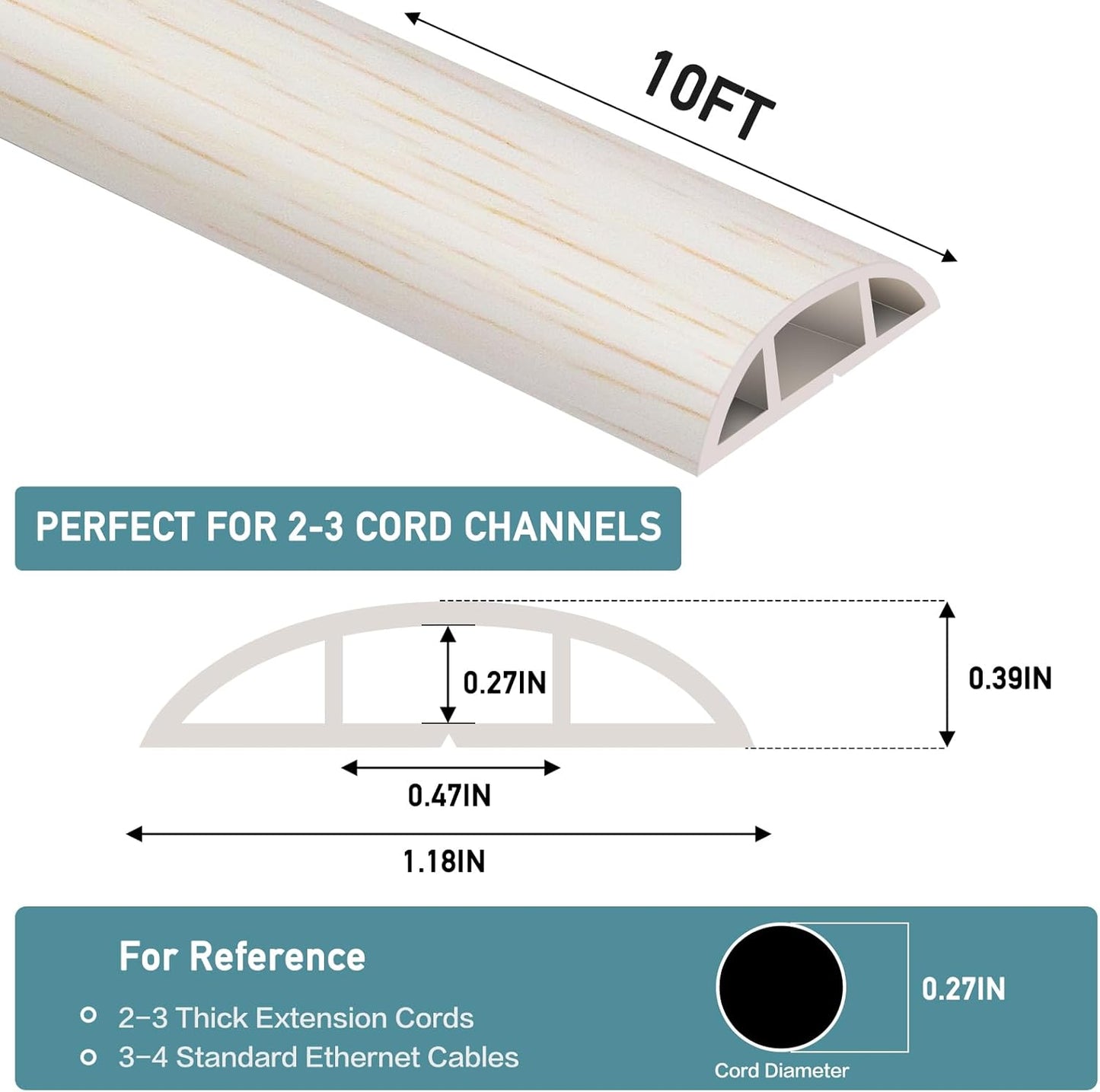 Floor Cord Cover Self Adhesive Cord Hider Floor Extension Cord Covers for Floor Power Cord Protector Cable Management Prevent Cable Trips Cable Cavity 0.47" W x 0.27" H (Beige Wood, 10Ft)
