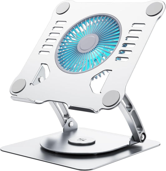 SHUWEI 360° Rotating Laptop Cooling Stand with 3 Speed Fan, Adjustable Height Laptop Stand for Desk, Ergonimic Aluminum Laptop Cooling Pad for 10-15'' Notebook - Silver