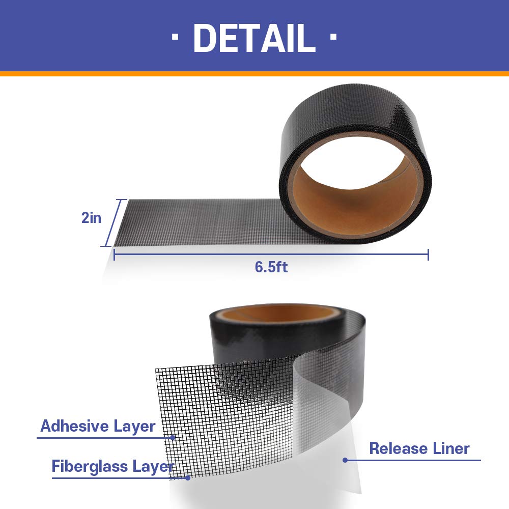 HA SHI Screen Repair Kit for Windows or Doors (2" x 6.5FT, Black) 3-Layer Strong Adhesive Tape, Made in Korea, Ease-Installation Fiberglass Covering Mesh