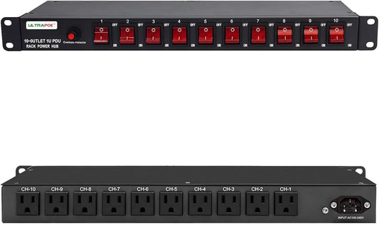 10-Outlet 1U Horizontal PDU Rack Mount Power Strip - Surge Protector,100-240V/15A/1800 Joules,for Network Servers,Power Conditioner with 10 Individual Switches and 6 ft Power Cord