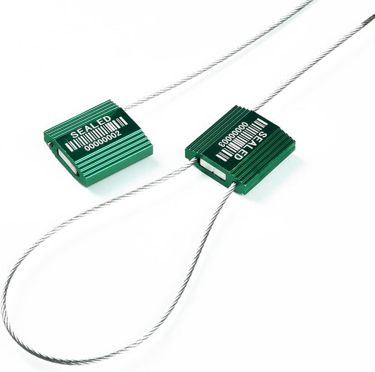 50 Green High Security Cable Seals with Barcode Pull Tight Numbered Steel Security Seals Metal Container Seals Anti-Tamper Shipping Self-Locking Tags for Logisitics ISO 17712 Certificated