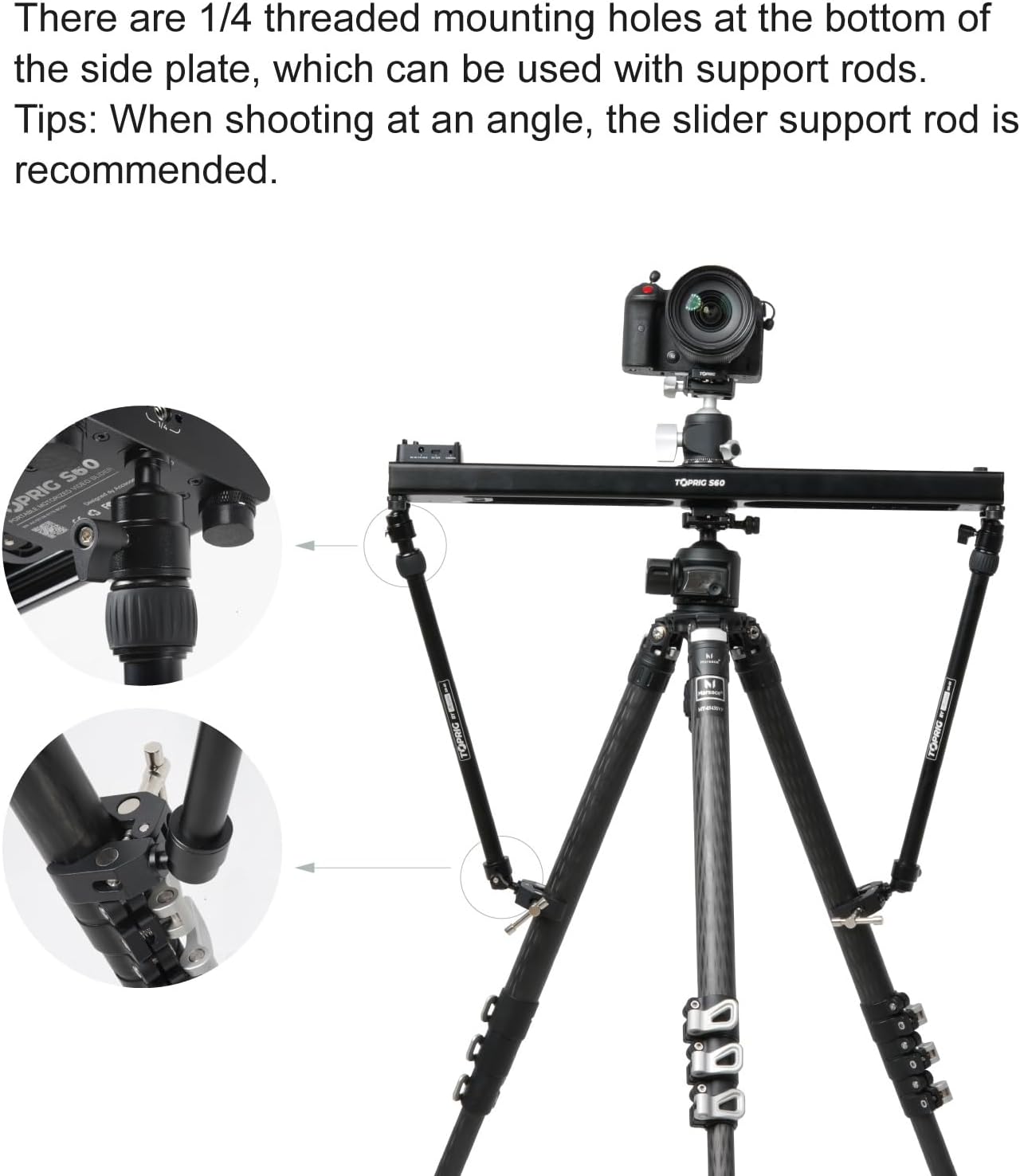 Accsoon Camera Slider Support Arm(2 Arms in), Adjustable Tripod Stability Arm for Increasing Stability in Aluminum Alloy Extendable Pole for Slider Rail Track with C Clamp and Ballhead