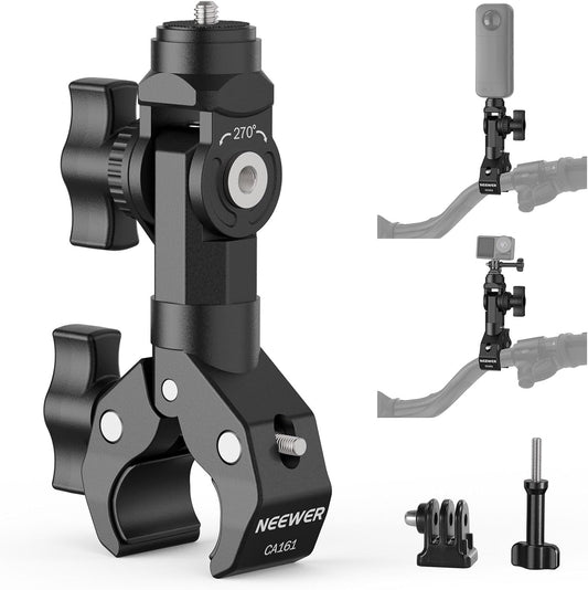 NEEWER Motorcycle Bike Handlebar Clamp Mount, Heavy Duty Clip Holder, 1/4" Screw & 3 Prong Adapter Compatible with Insta360 X5 X4 GoPro Hero 13 12 POV Video Recording, 360° Rotation & 270° Tilt, CA161