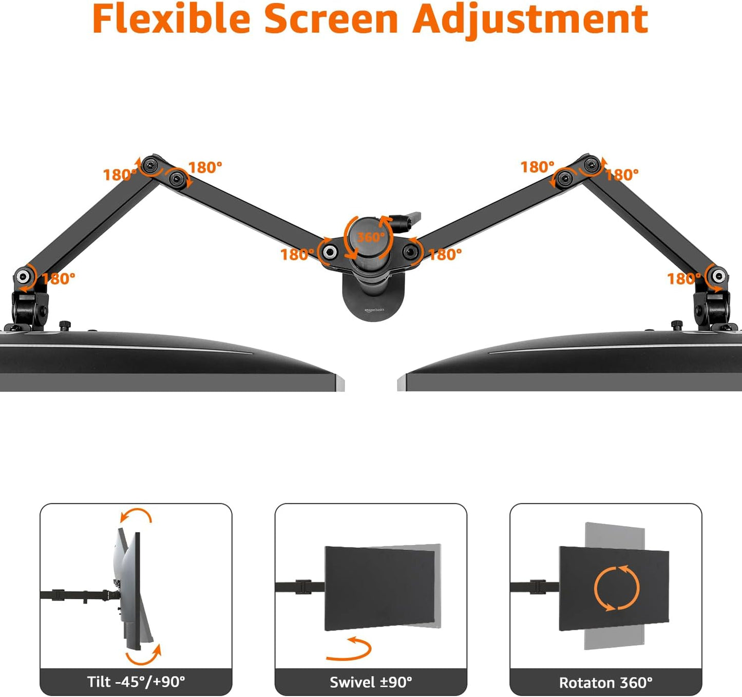 Amazon Basics Adjustable Dual Computer Monitor Arm Mount, Holds up to 32" Monitors, Black