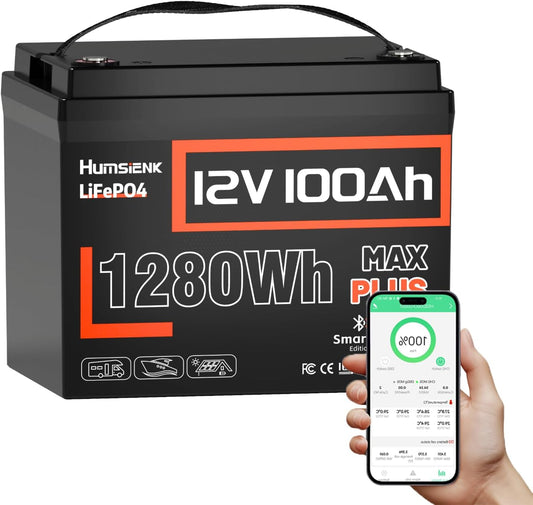12V 100Ah LiFePO4 Lithium Battery MAX Bluetooth 5.0 IP67, Built-in 110A BMS 15000+ Deep Cycles 1280Wh Lithium Battery, for RVs Marine