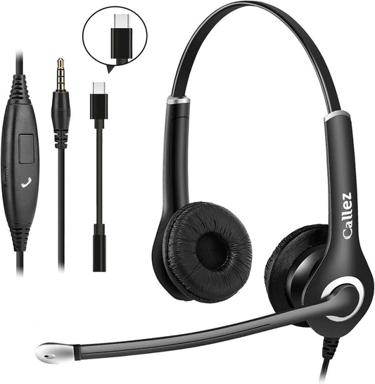 Callez Computer Headset, 3.5mm Cell Phone Headset with Mic Noise Cancelling, USB-C Wired Headphone for PC Laptop Mac iPhone Samsung Zoom Teams Call Center Home Office Work, in-line Controls