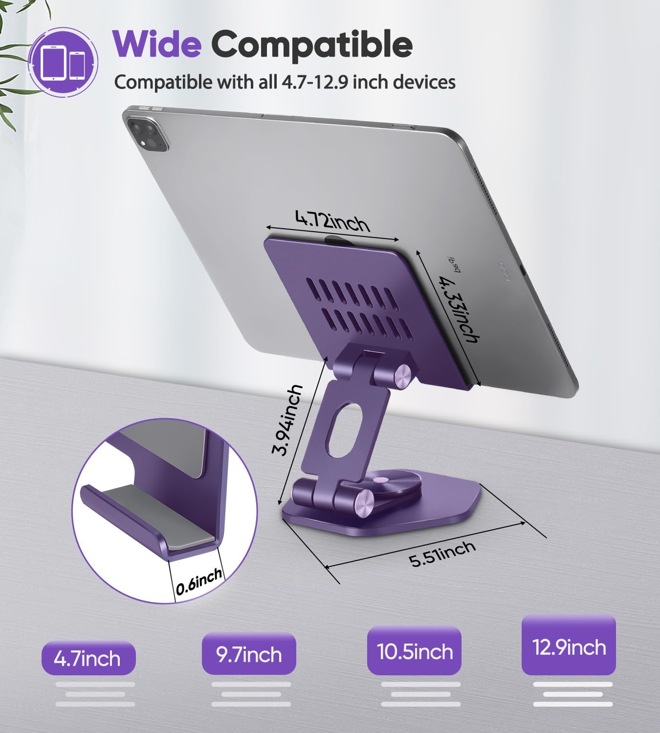 Foldable Aluminum Tablet Stand for Desk, 360° Swivel iPad & Tablet Holder – Portable & Stable Desktop Mount for 5–12.9in Devices, Purple