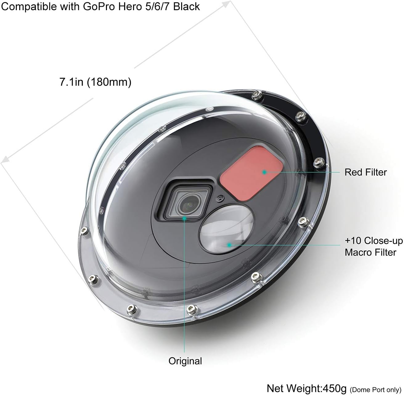 Dome Port Lens for GoPro Hero 5 6 7 Black Hero (2018), Dome Port with Waterproof Housing Case, Trigger, Floating Hand Grip, Built-in Switchable Red Filter and 10x Macro Filter