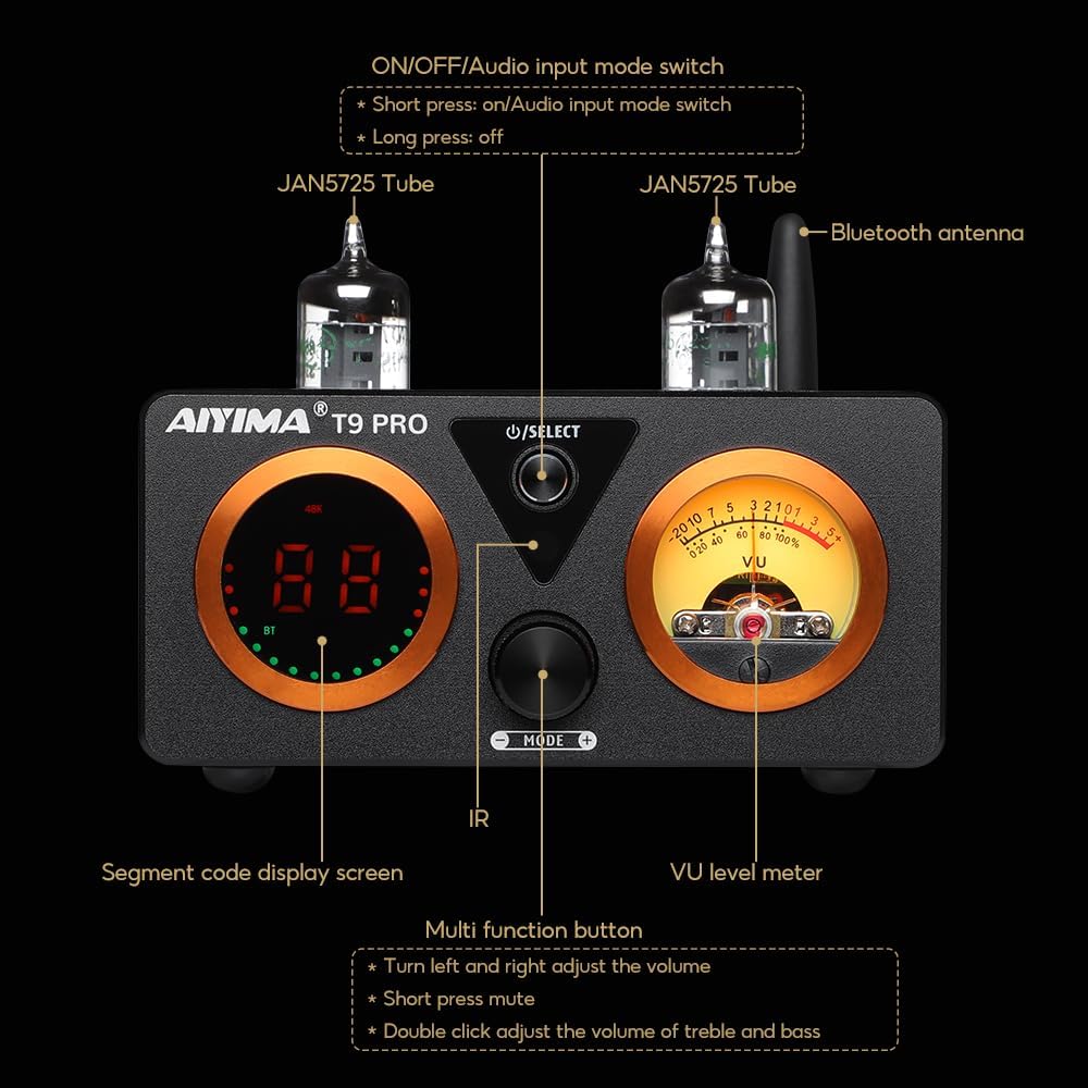 AIYIMA T9 PRO 200W Bluetooth Amplifier HiFi Digital Class D Power Amp 2.0/2.1 Channel Vacuum Tube DAC Amp with VU Meter & Bass Treble Bluetooth 5.2 Coaxial Optical PC-USB inputs