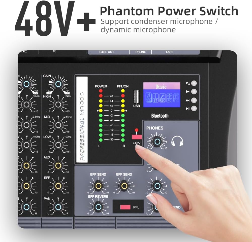 G-MARK MR80S Audio Mixer Interface USB Bluetooth Mixing Console 8 Channel 48V Phantom Power Sound Board Music Reverb For PC Stage DJ Studio Sound Controller Analog Mixer