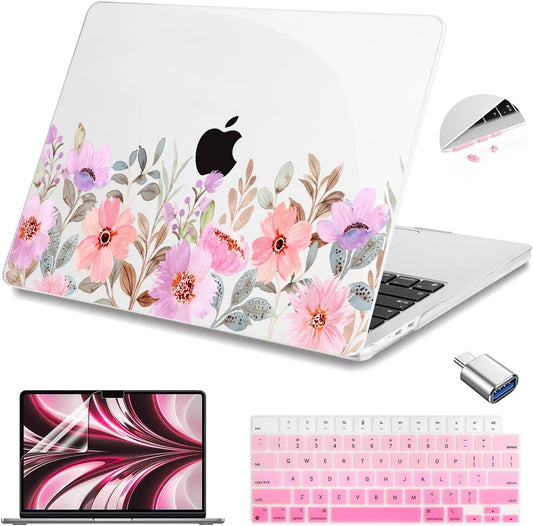 Teryeefi for MacBook Air M4 M3 M2 13 inch Case fits Model A3240 A3113 A2681, Hard Shell for MacBook Air 13.6" 2022-2025 Released Case with Keyboard Cover+Screen Protector, Pink Flower Garden-A