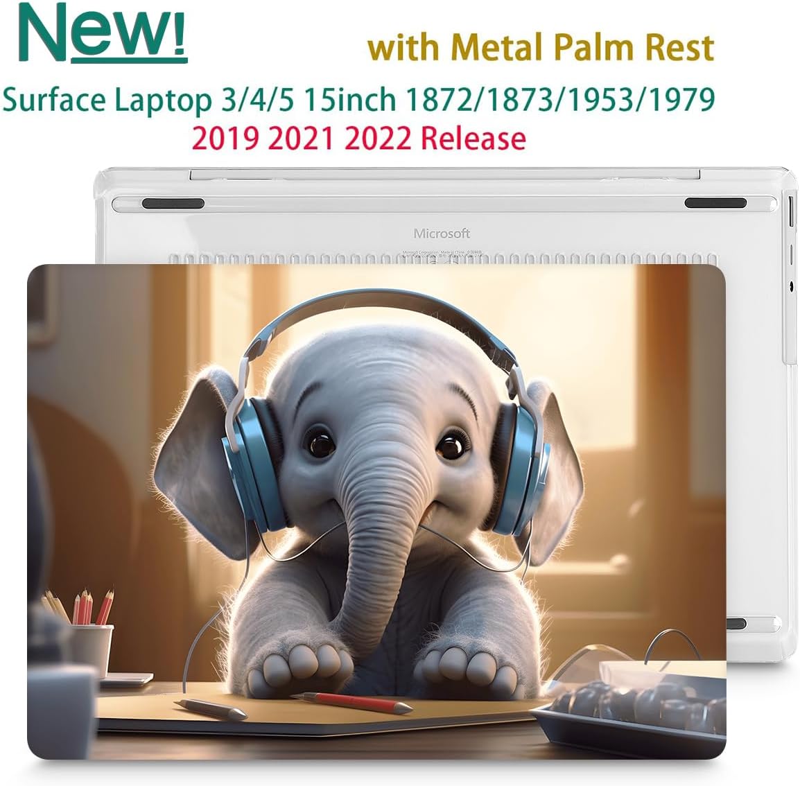 Tuiklol Case for 15 Inch Microsoft Surface Laptop 5/4/3 2022-2020, Model 1979/1953/1872/1873 Hard Shell Cover, Keyboard Cover+Screen Protector+Dust Plugs, Elephant