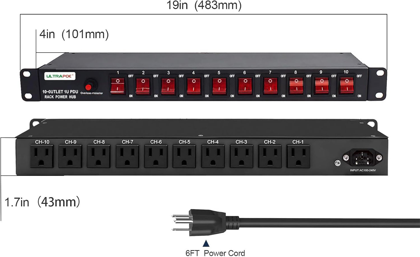 10-Outlet 1U Horizontal PDU Rack Mount Power Strip - Surge Protector,100-240V/15A/1800 Joules,for Network Servers,Power Conditioner with 10 Individual Switches and 6 ft Power Cord