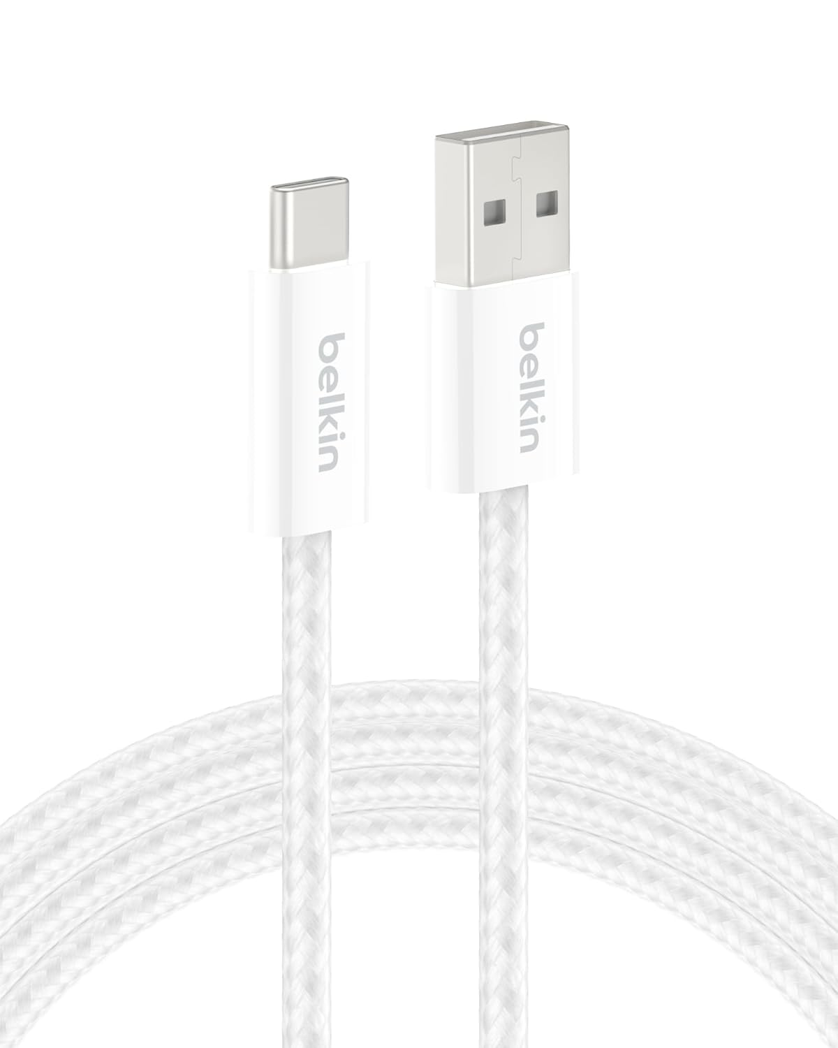 Belkin USB A to USB C Cable, 6.6ft, 15W - Type C Charger, iPhone Charger Cord, Soft, Braided, Flexible for iPhone 16 & 15, Galaxy S25, Pixel 9, iPad Pro, Airpods Pro, Switch & More - White