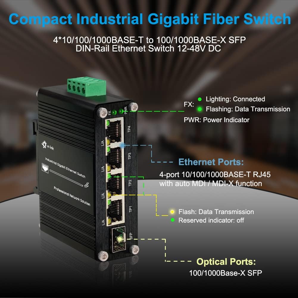 Industrial Gigabit 4-Port Ethernet Switch - Hardened 10/100/1000Mbps Fiber with 100/1000M Adaptive SFP Slot, Din Rail/Wall Mount, Unmanaged Network, 12-48V DC, 5-Port