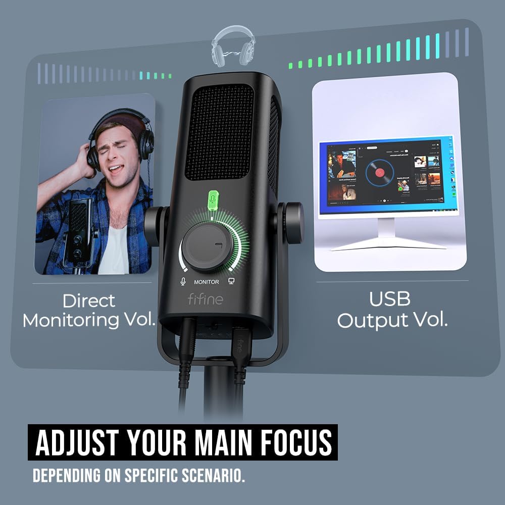 FIFINE USB-Podcast-Condenser-Microphone for Studio-Recording/Computer-Streaming, Desktop-Metal-Mic for YouTube Music Vocal Creation, with Monitor-Mix Volume-Control, Low-Cut Switch (PROFILE3)