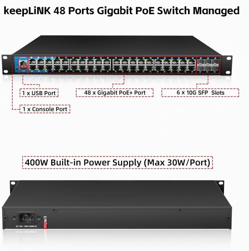 48 Port Gigabit PoE Switch Managed, with 48 PoE+ Ports @400W, 6 10G SFP Slots, IPv6 Static Routing, Desktop or Rackmount