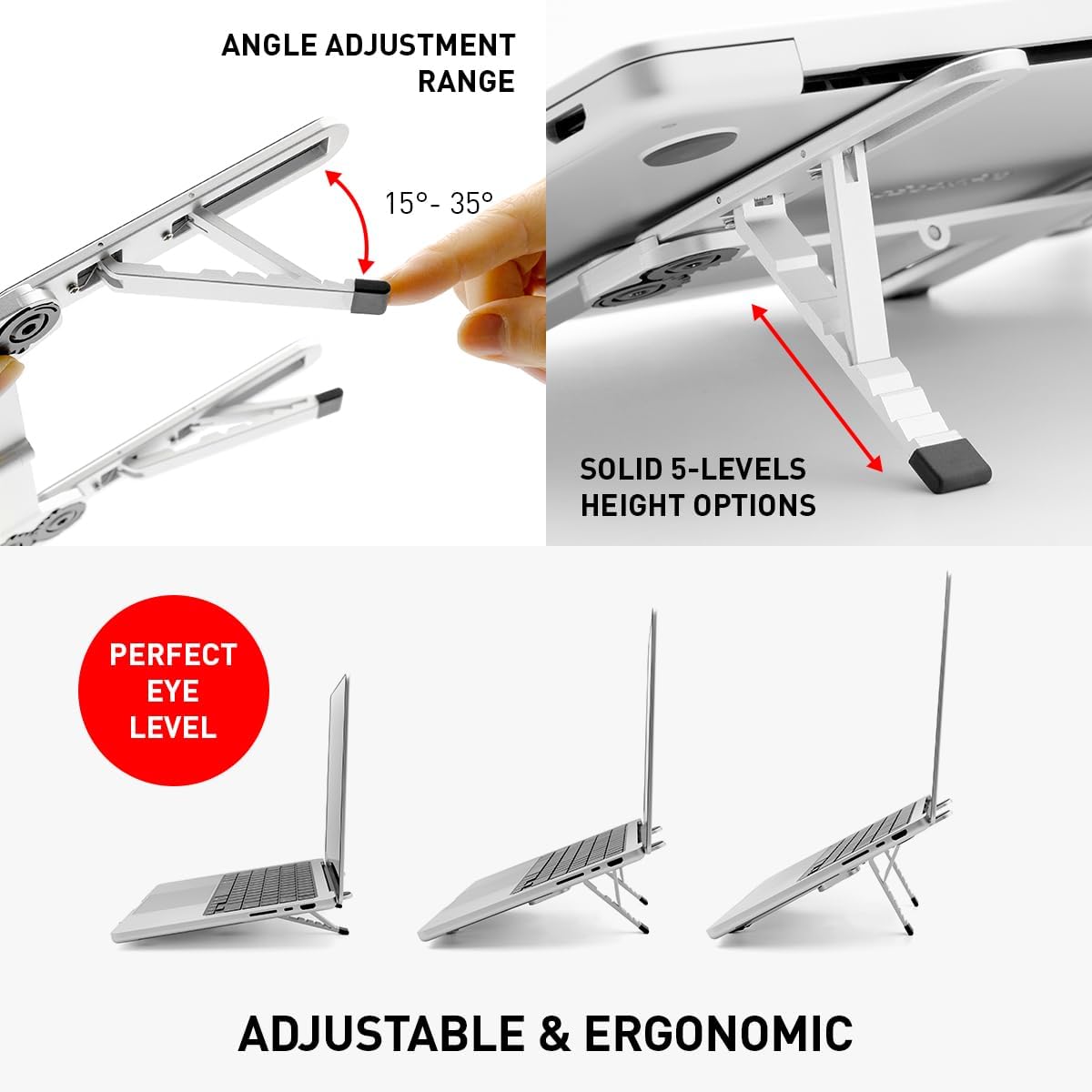 NSMO Laptop Stand - Foldable, Adjustable, Ergonomic Aluminum Stand with 5-Level Height Adjustment, Heat Dissipation, Non-Slip Design, Portable for 11”-16” Laptops, Gaming, Office, Travel