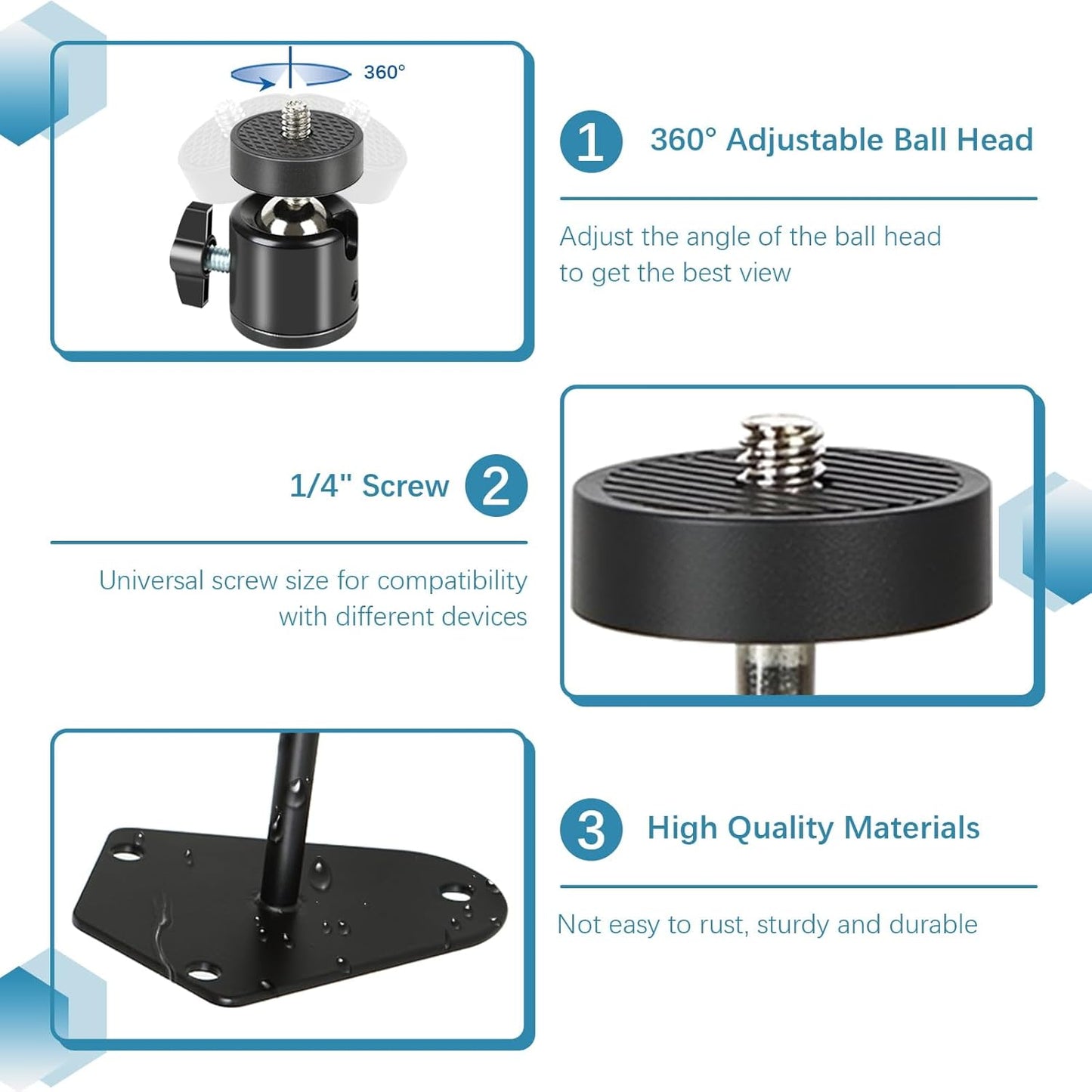 4-Pcs Camera Wall Mount Bracket, 360 Camera Mount with 1/4 Inch Thread, Metal Security Camera Mount, Camera Holder for Surveillance Cameras, Solar Panels, Lights