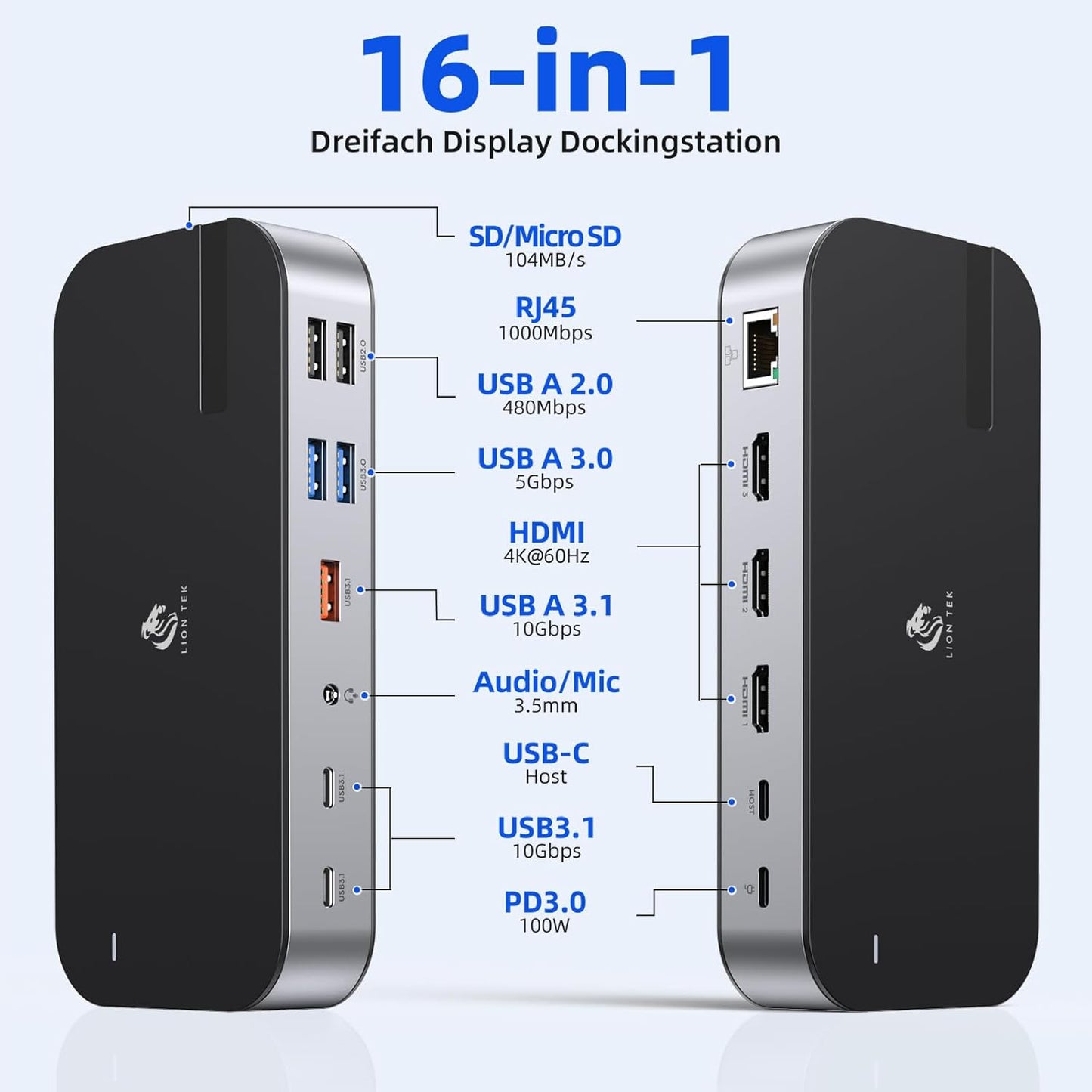 Laptop Docking Station,16 in 1 Docking Station USB C Docking Triple Monitor,USB C Dock Station with 3 HDMI,PD 100W, USB 3.1/3.0/2.0,RJ 45 Ethernet,SD/TF,Audio for Dell/Lenovo（Including Charging）