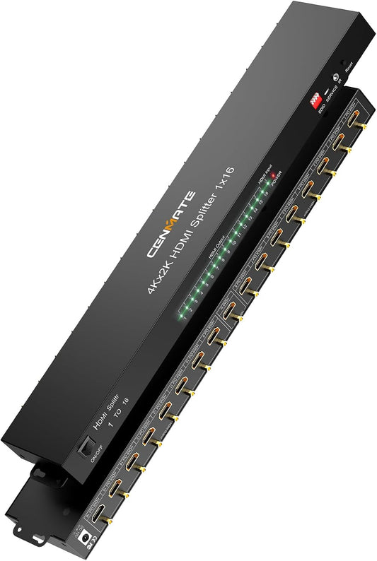 HDMI Splitter 1 in 16 Out, 16 Port HDMI Splitter Support 4Kx2K@30Hz Duplicate/Mirror, HDM 1.4, EDID, 3D Video Play, 10.2Gbps, HDCP, Deep Color 24bit/36bit