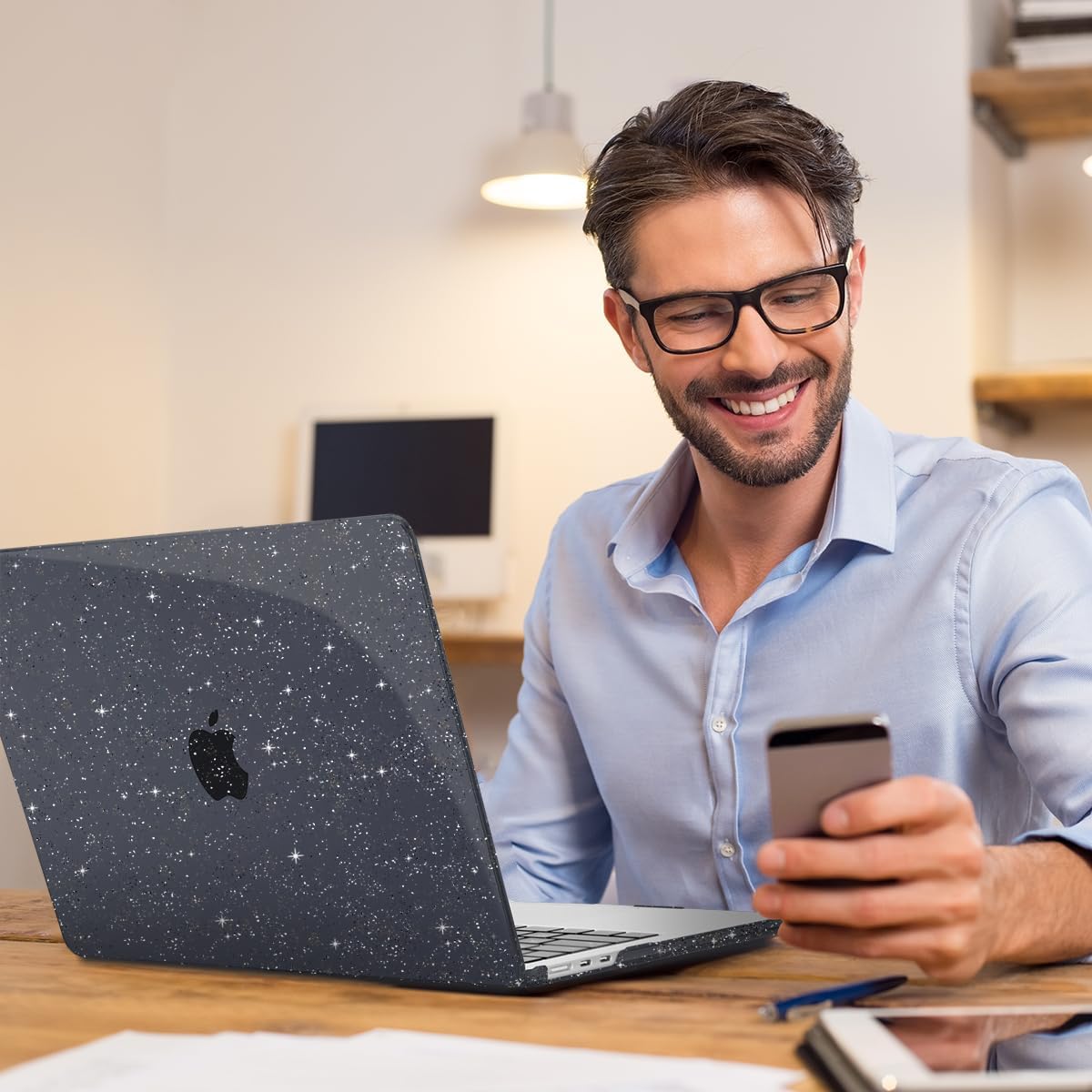 Teryeefi Sparkly Case for M4/M3/M2 MacBook Air 15 inch Case 2025 2024 2023 Model A3241/A3114/A2941, Laptop Hard Shell with Keyboard Cover&OTG Adapter& Screen Protector, Glitter Black