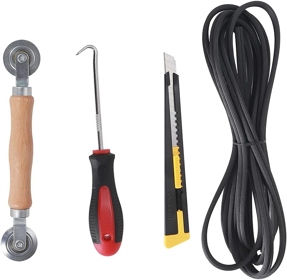 4 Pack Screen mesh Repair Rolling Tools Set for Window/Door Screen Replacement Include Spline Roller Tool with Wooden Handle and Steel Bearing Wheel/Screen Retainer Spline/Hook/Cutter (20'Spline)