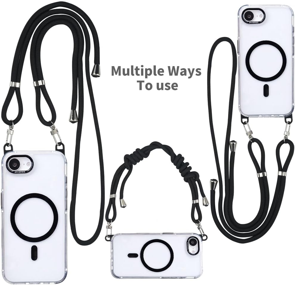 for iPhone 16e Case with Adjustable Phone Lanyard Strap, Compatible with MagSafe, Shockproof Military-Grade Protection, Magnetic Phone Case, Classic Clear Black Hybrid Case, Yellowing Resistant