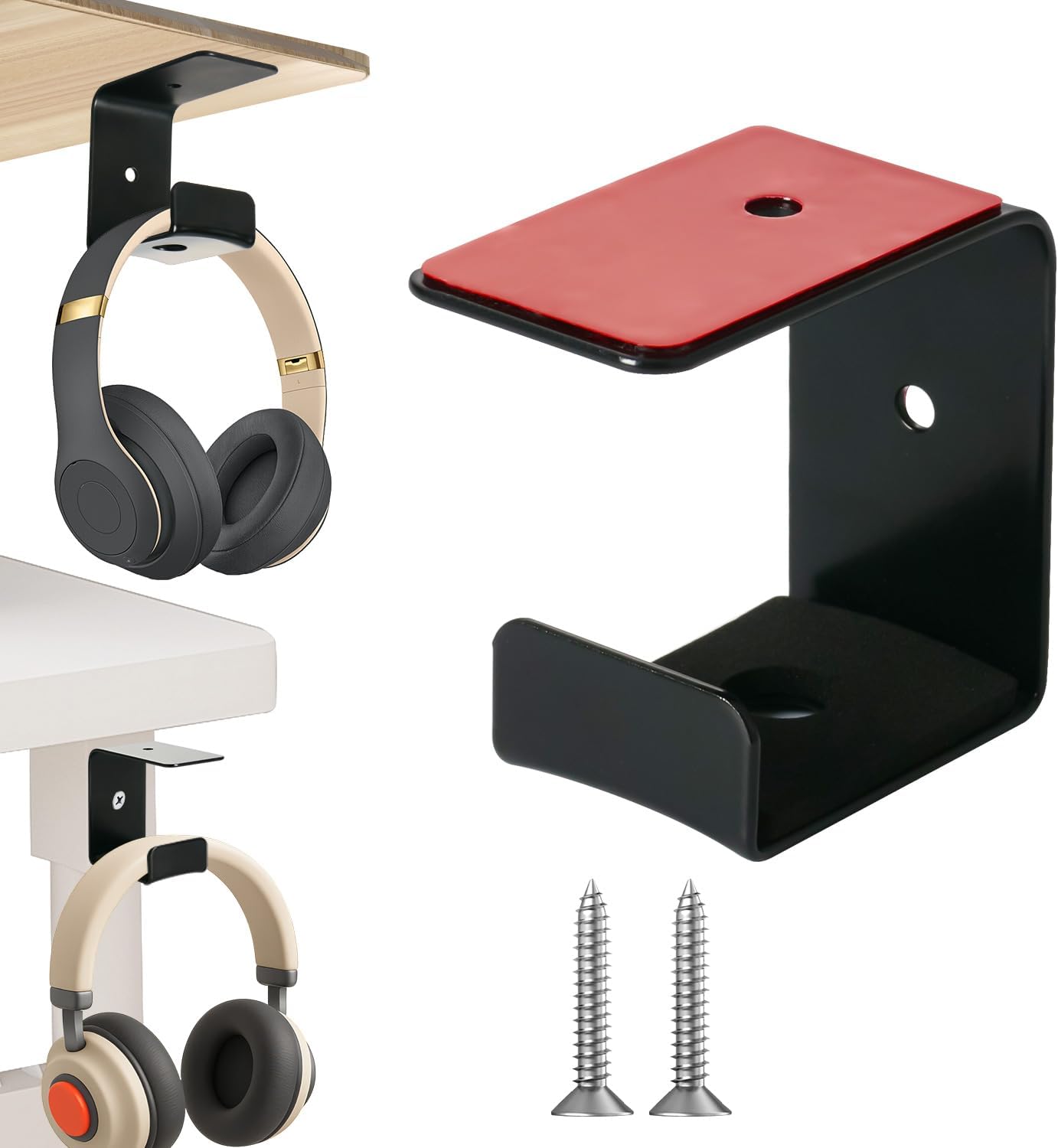 Headphone Mount Hanger,Headset Holder for Desk,Headset Holder Aluminum Hook with Strong Adhesive Tape for Classroom, Gaming Room with 2 Install Style with Rubber Pad,Single
